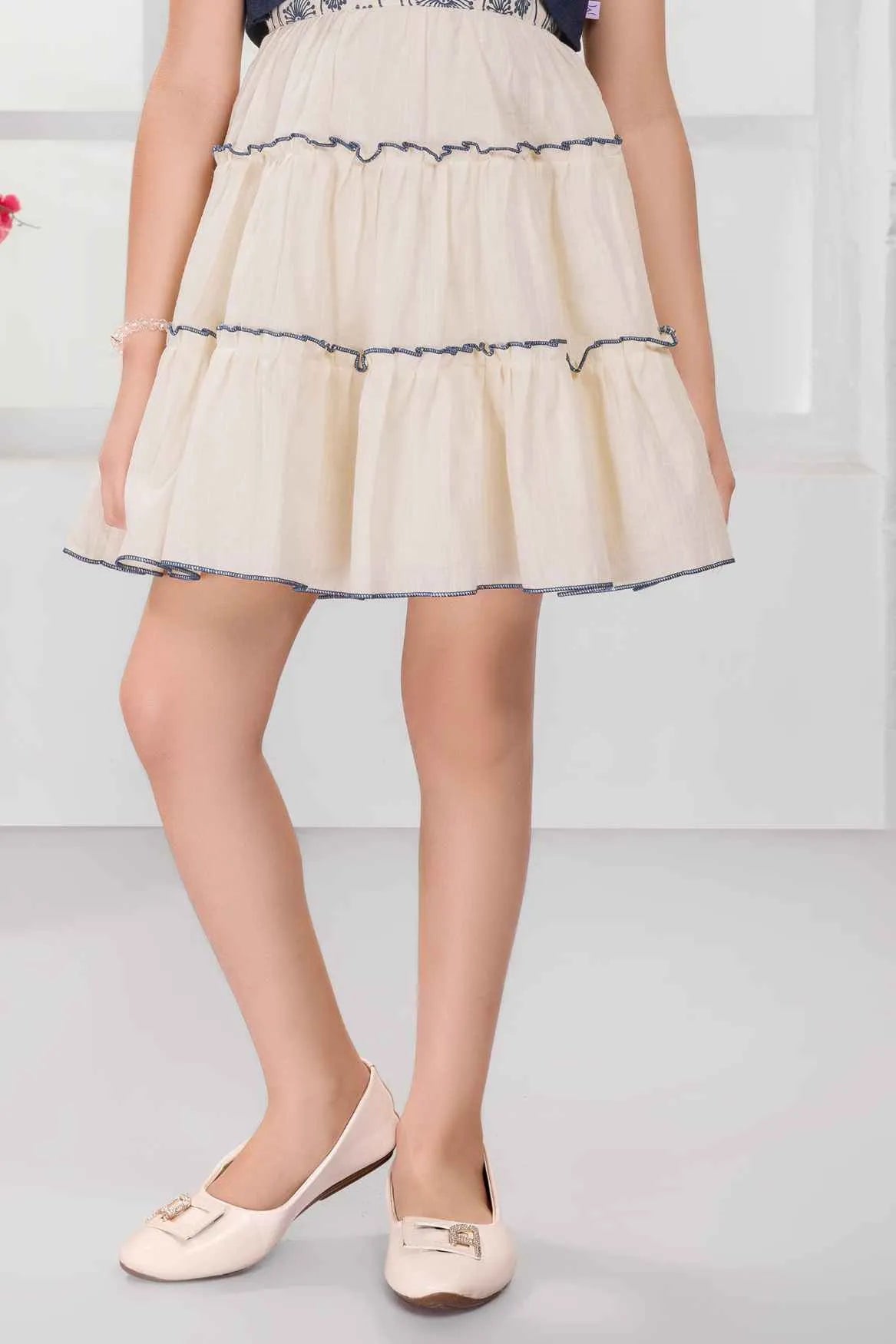 Cream Tiered Dress with Blue Shrug and Embroidered Bodice For Girls