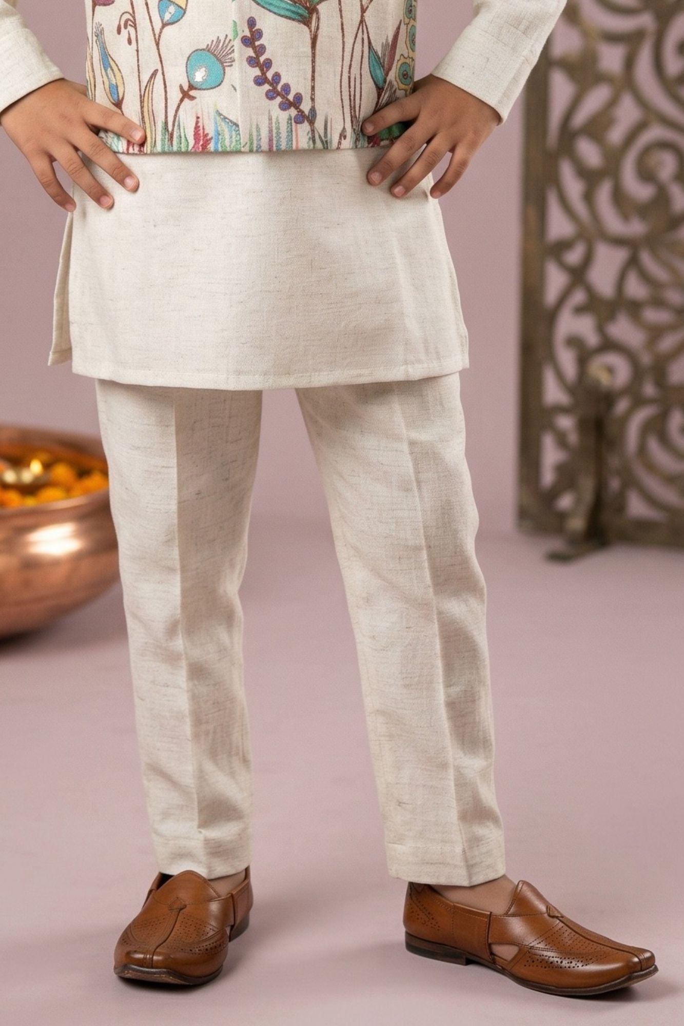 Boys Beige Kurta Pajama Set with Green Floral Printed Nehru Jacket