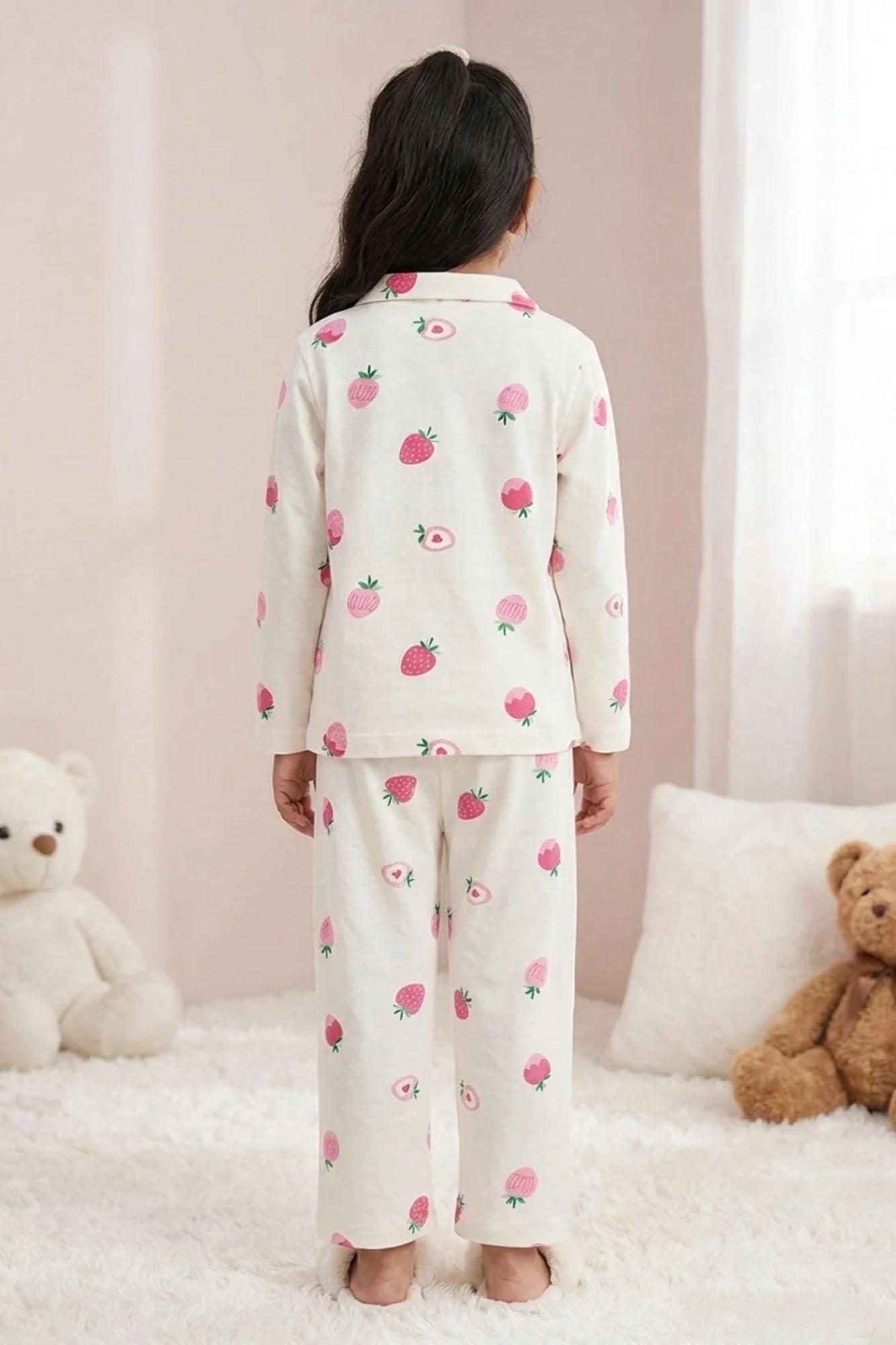 Girls White Strawberry Print  Night Suit Set