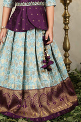 Wine And Blue Banarasi Silk Pattu Lehenga Choli Set For Girls