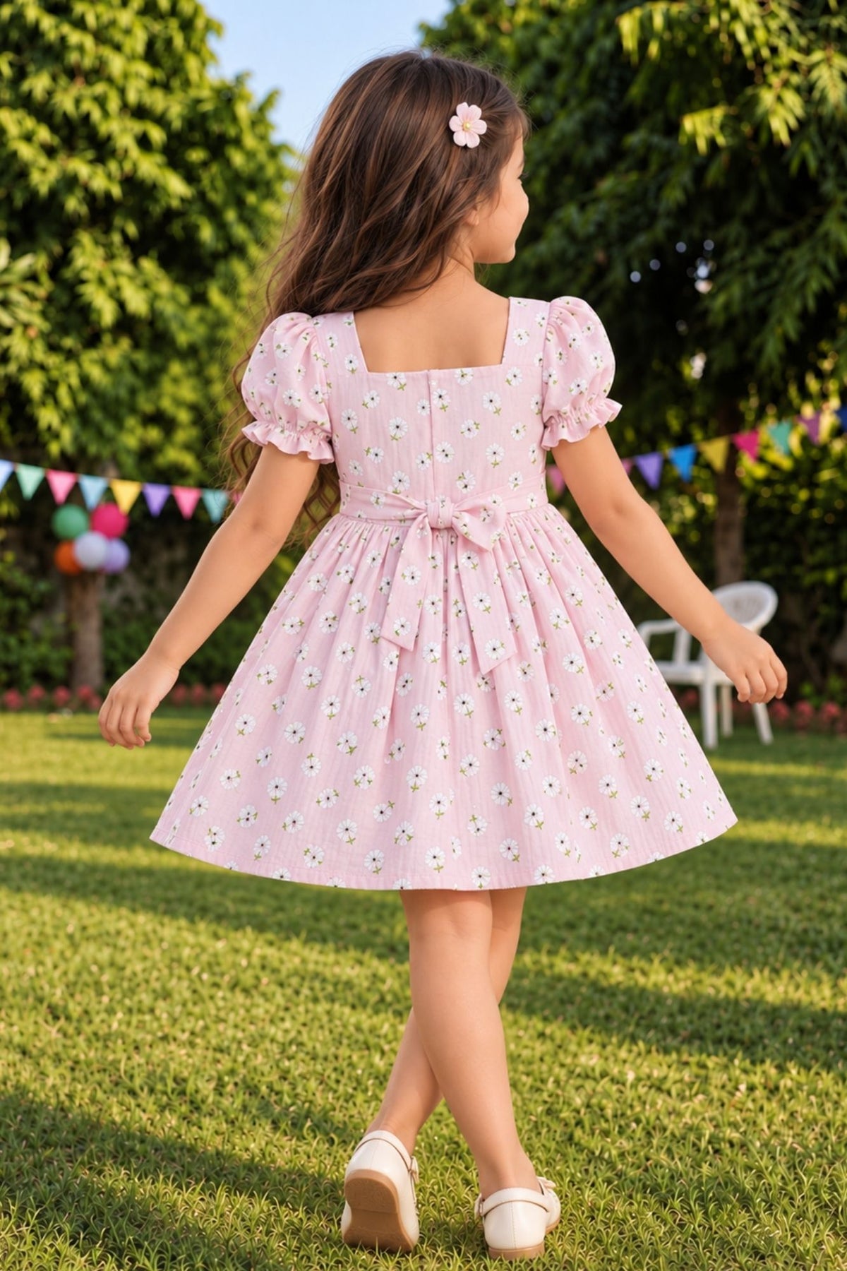 Girls Pink Floral Printed Puff Sleeve Fit And Flare Dress