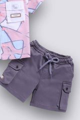 Pink Printed Shirt And Shorts Set With White T-shirt For Boys