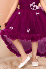 Charming Wine Ruffle Tailback Frock with Floral Embellishments For Girls