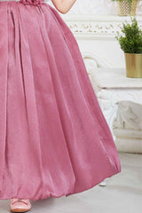 Pink Gown With Floral Embellished And Stone Waist Band For Girls