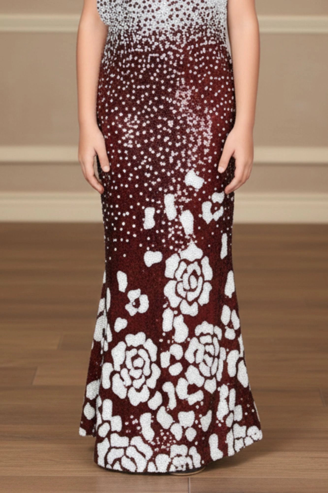 Ombré Maroon One-Shoulder Sequin Embellished Mermaid Gown For Girls