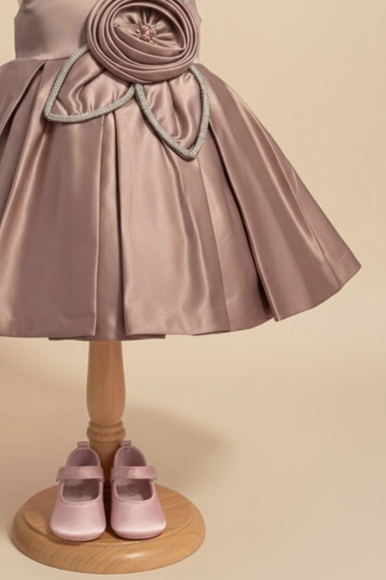 Copper Brown Party Frock with Floral Rosette and Embellished Strap Detailing For Girls