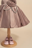 Copper Brown Party Frock with Floral Rosette and Embellished Strap Detailing For Girls