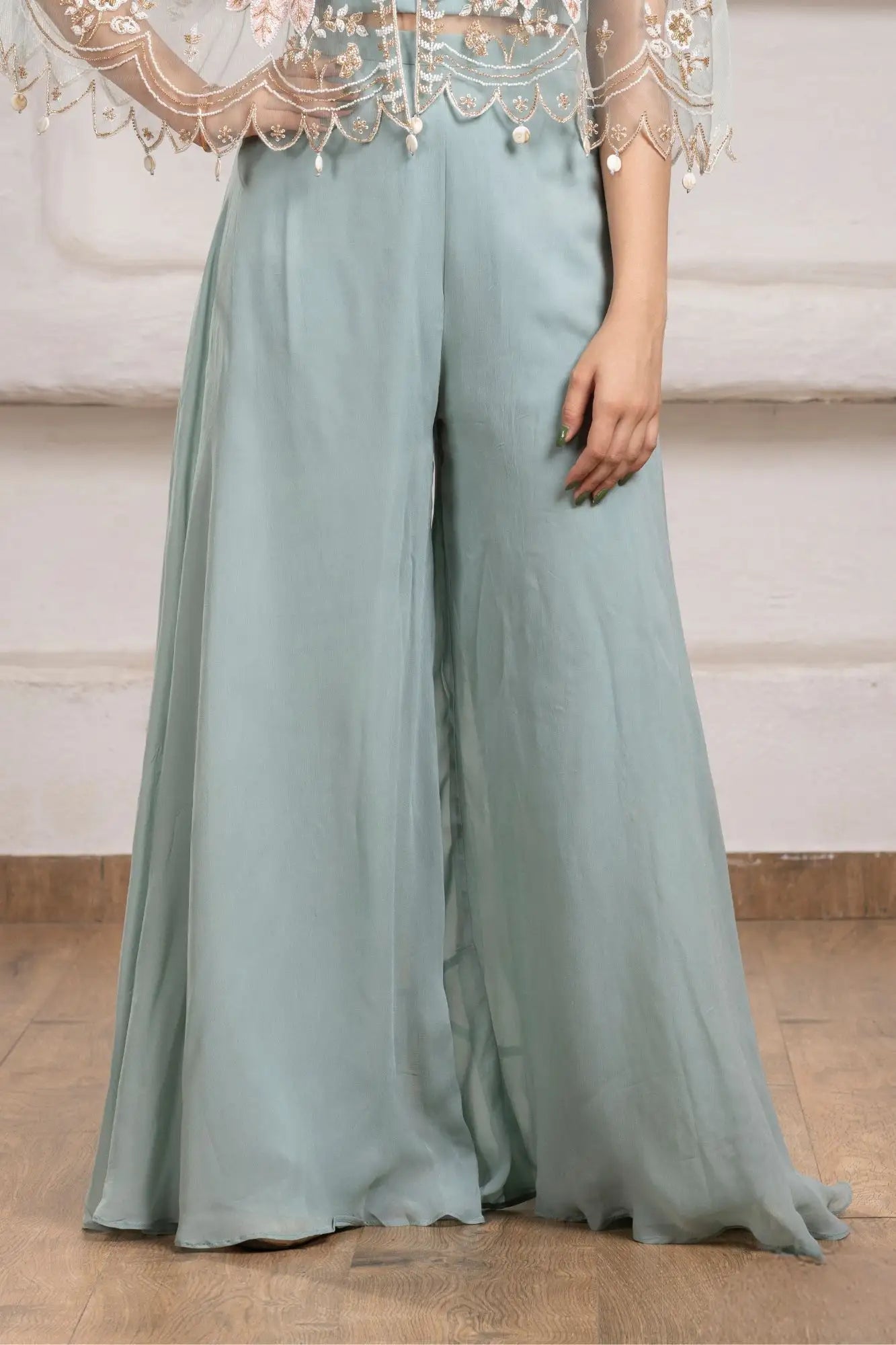 Pastel Blue Cape Style Palazzo Set With Sequin Floral Embroidery For Girls