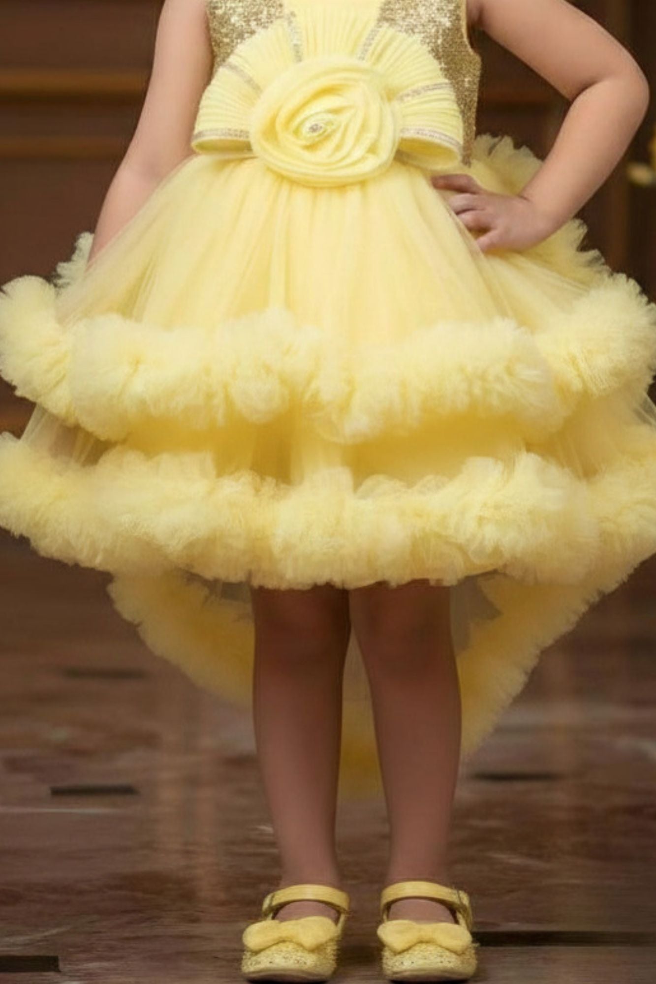 Girls Yellow Sequin Party Frock with Layered Tulle and Floral Detail