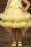 Girls Yellow Sequin Party Frock with Layered Tulle and Floral Detail