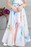 White Floral Printed And Floral Embellishment Gown For Girls