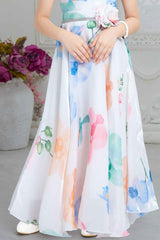 White Floral Printed And Floral Embellishment Gown For Girls