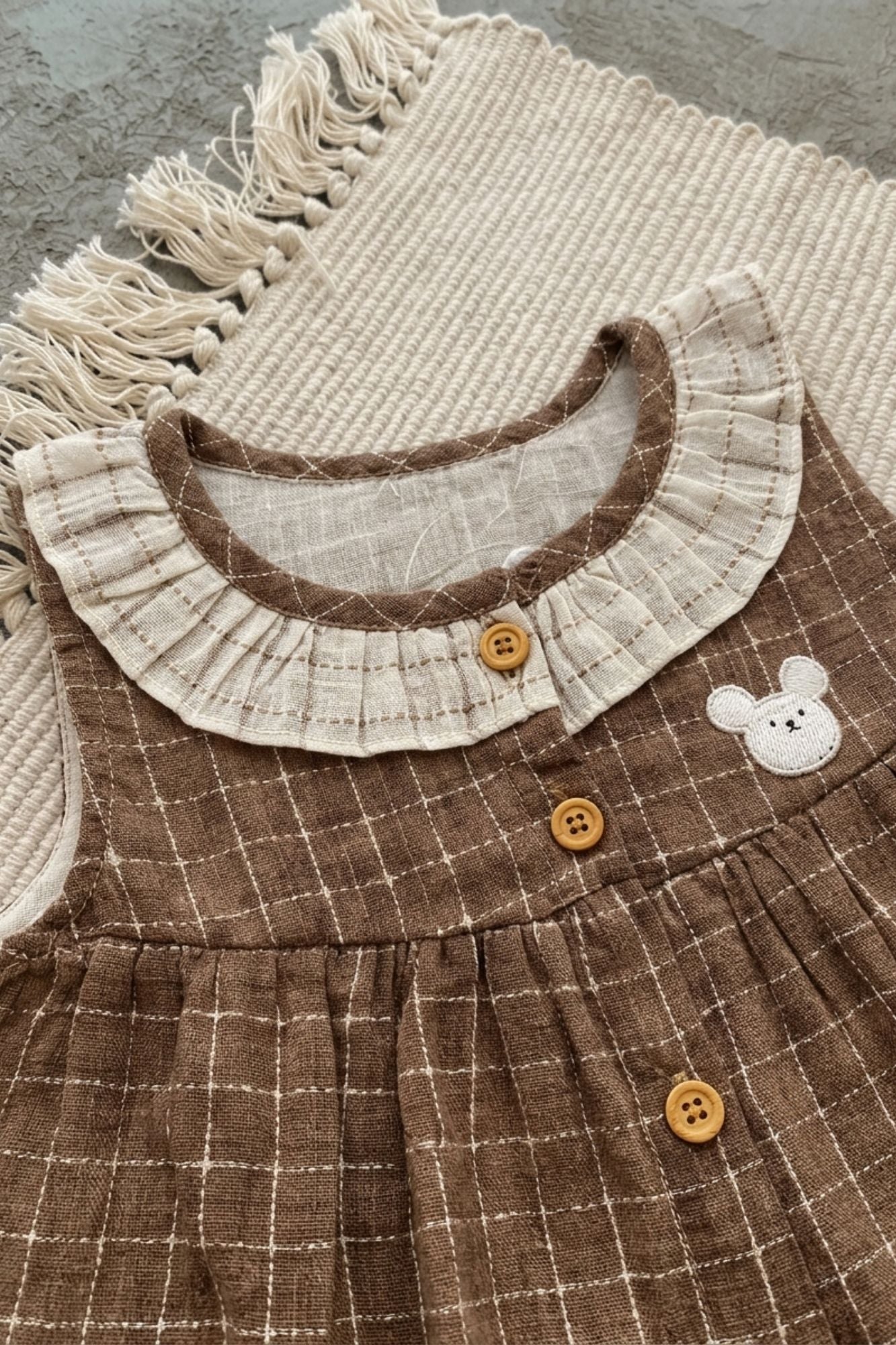 Adorable Girls Brown Checked Top & Shorts Set with Ruffle Collar