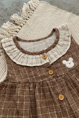Adorable Girls Brown Checked Top & Shorts Set with Ruffle Collar