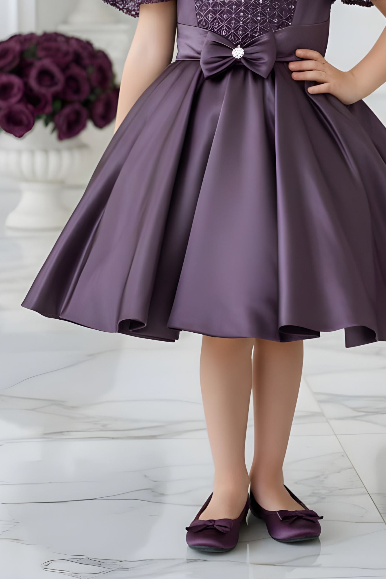 Wine Embellished Party Wear Frock with Bow Waist Accent For Girls