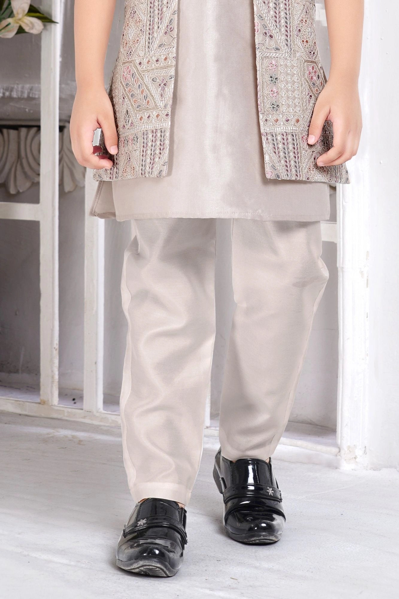 Taupe Thread Embroidery Work Sherwani Set With Jacket For Boys