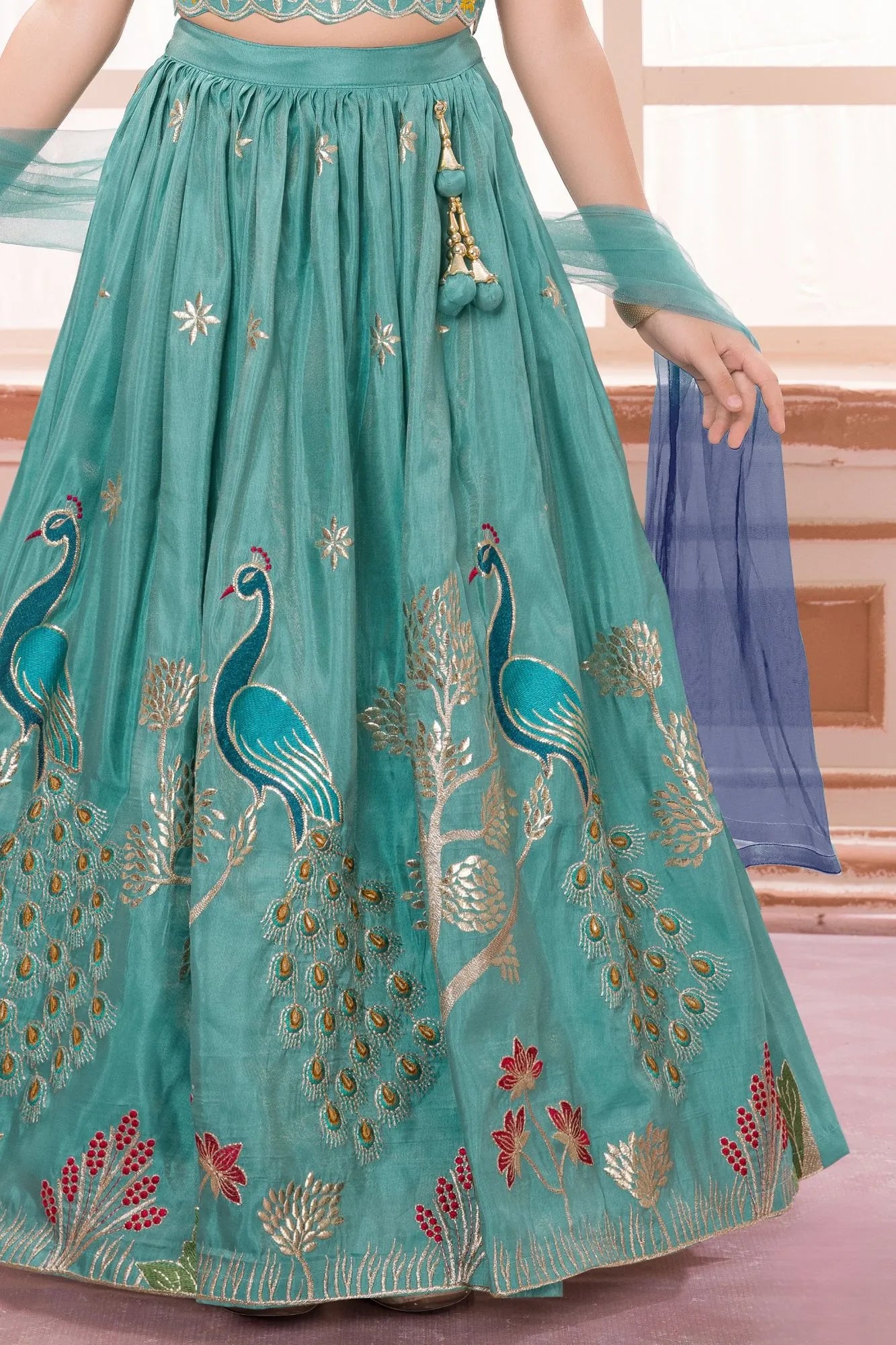 Teal Green Peacock Embroidered Lehenga Choli with Dupatta For Girls