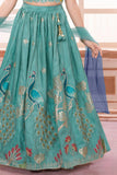 Teal Green Peacock Embroidered Lehenga Choli with Dupatta For Girls