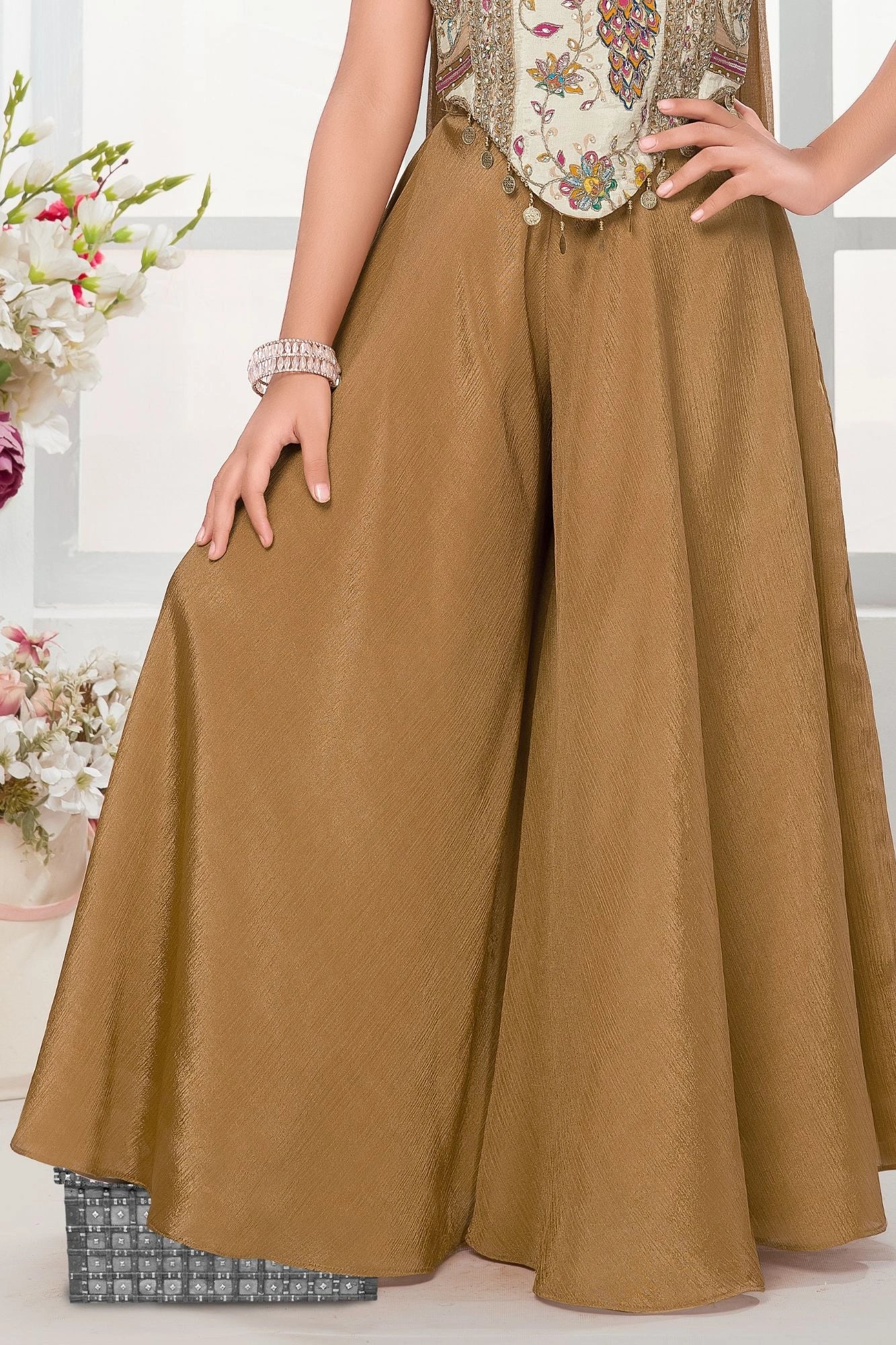 Brown & Gold Peacock Embroidered Palazzo Set with Dupatta For Girls