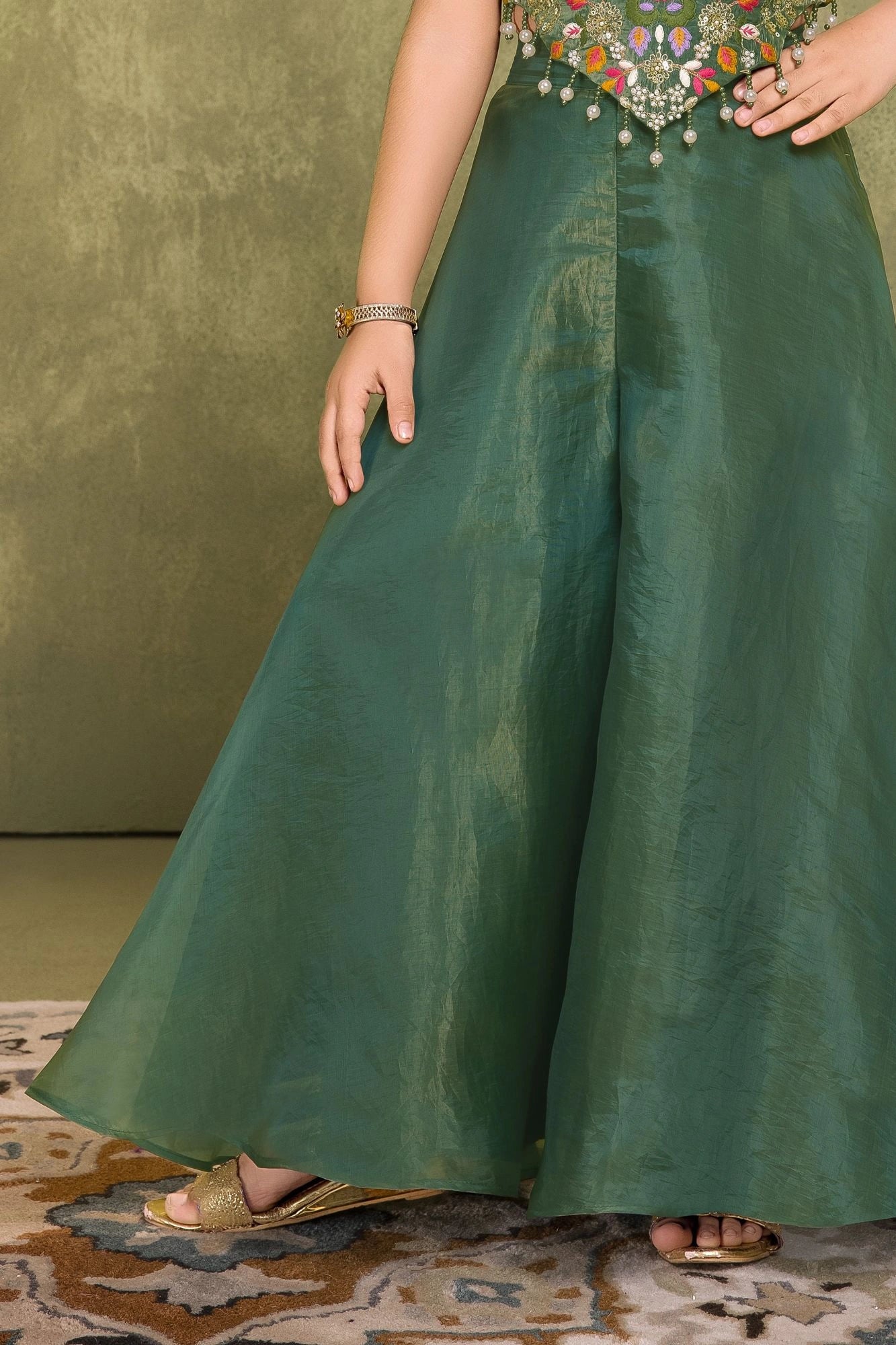 Green Sequins Work With Thread Embroidery Palazzo Set for Girls