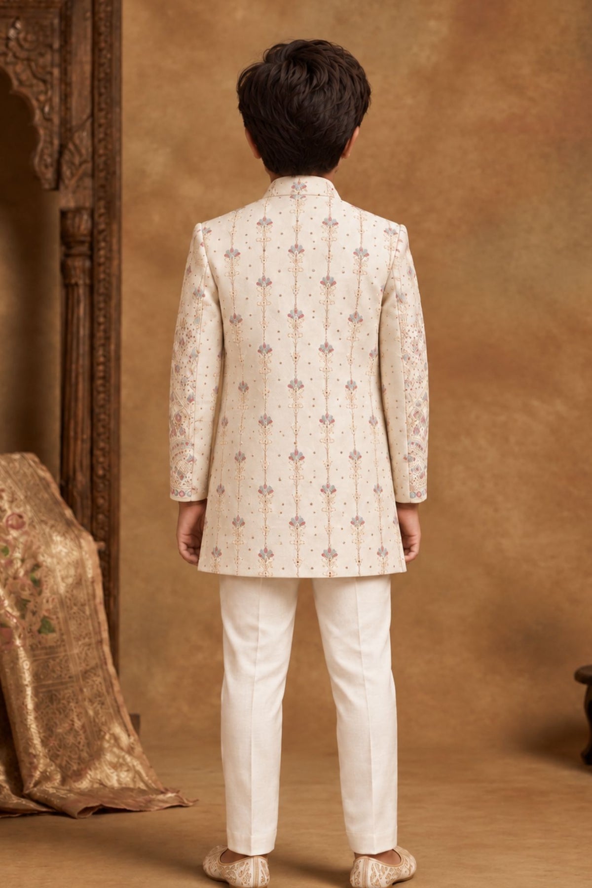 Cream Embroidered Sherwani Set With Classic Pants For Boys