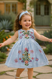 Sky Blue Sleeveless Embroidered Frock With Butterfly Motifs & Pearls For Girls