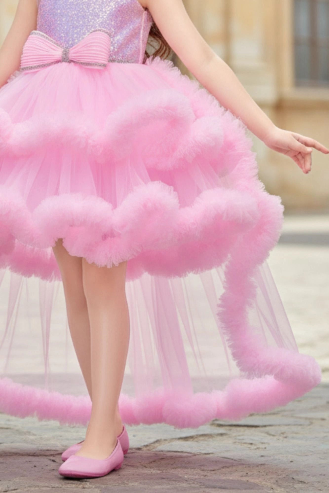 Pink Sequin Embellished High-Low Party Dress with Ruffle Hem For Girls