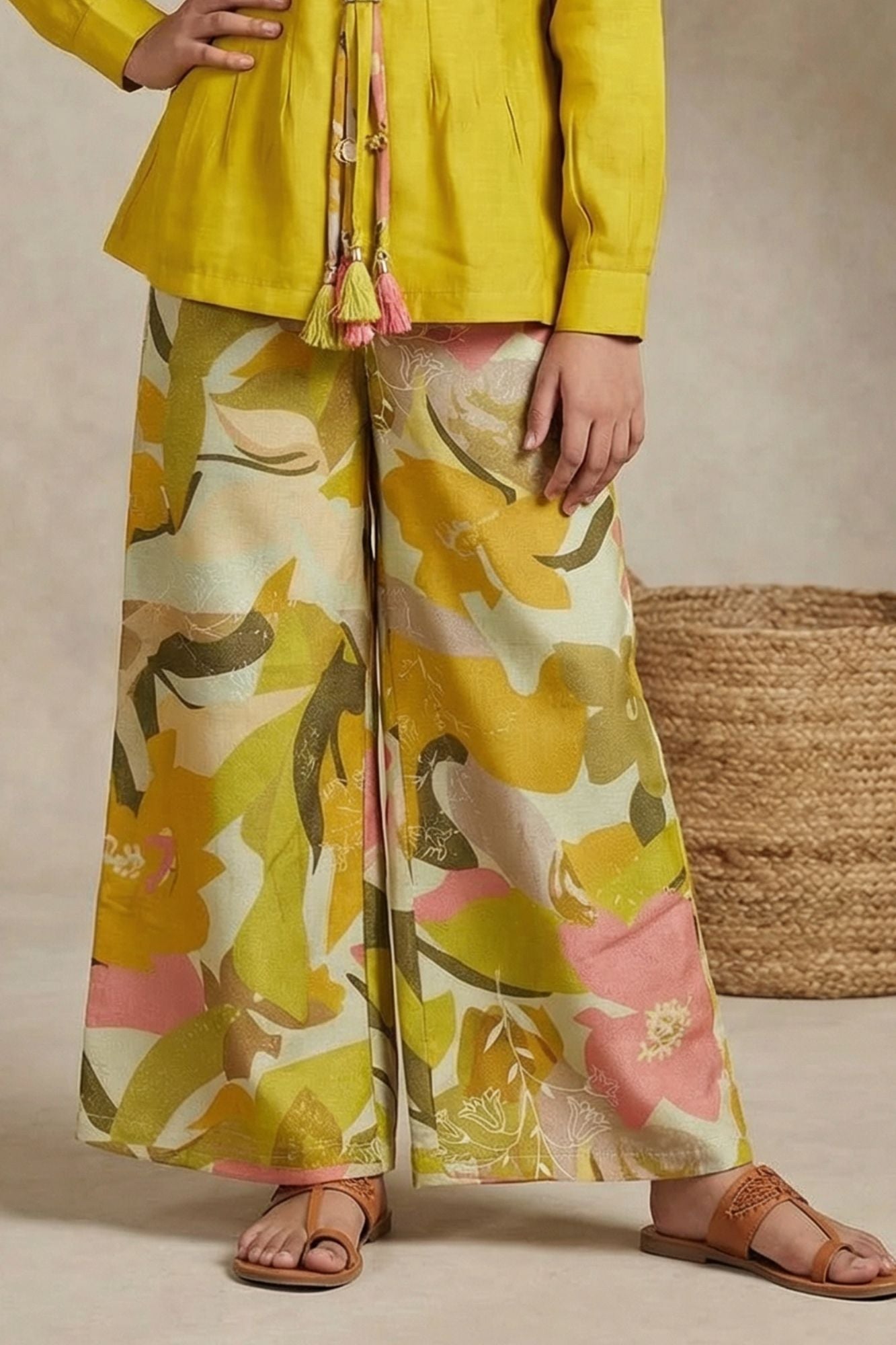 Stylish Mustard Yellow Top And Printed Pant Set For Girls