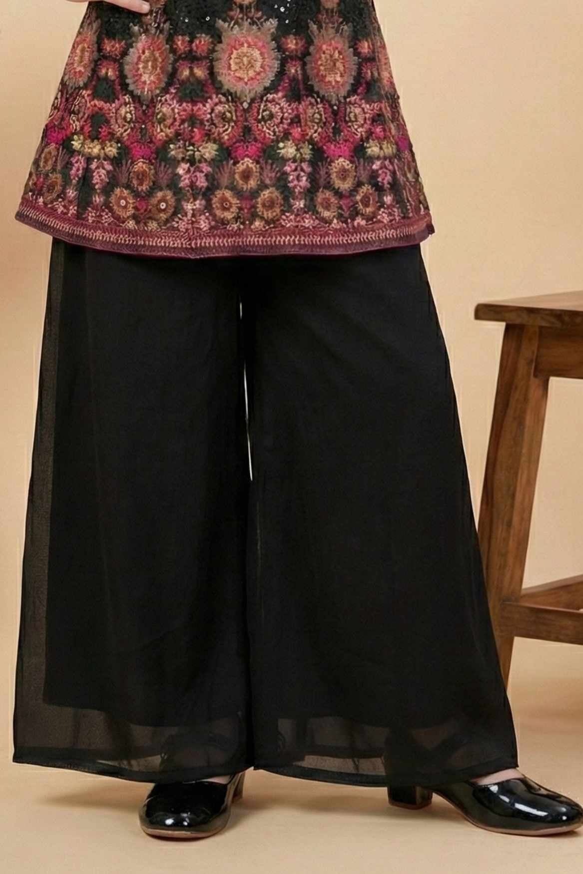 Black Sequin Embroidered Palazzo Set with Dupatta For Girls