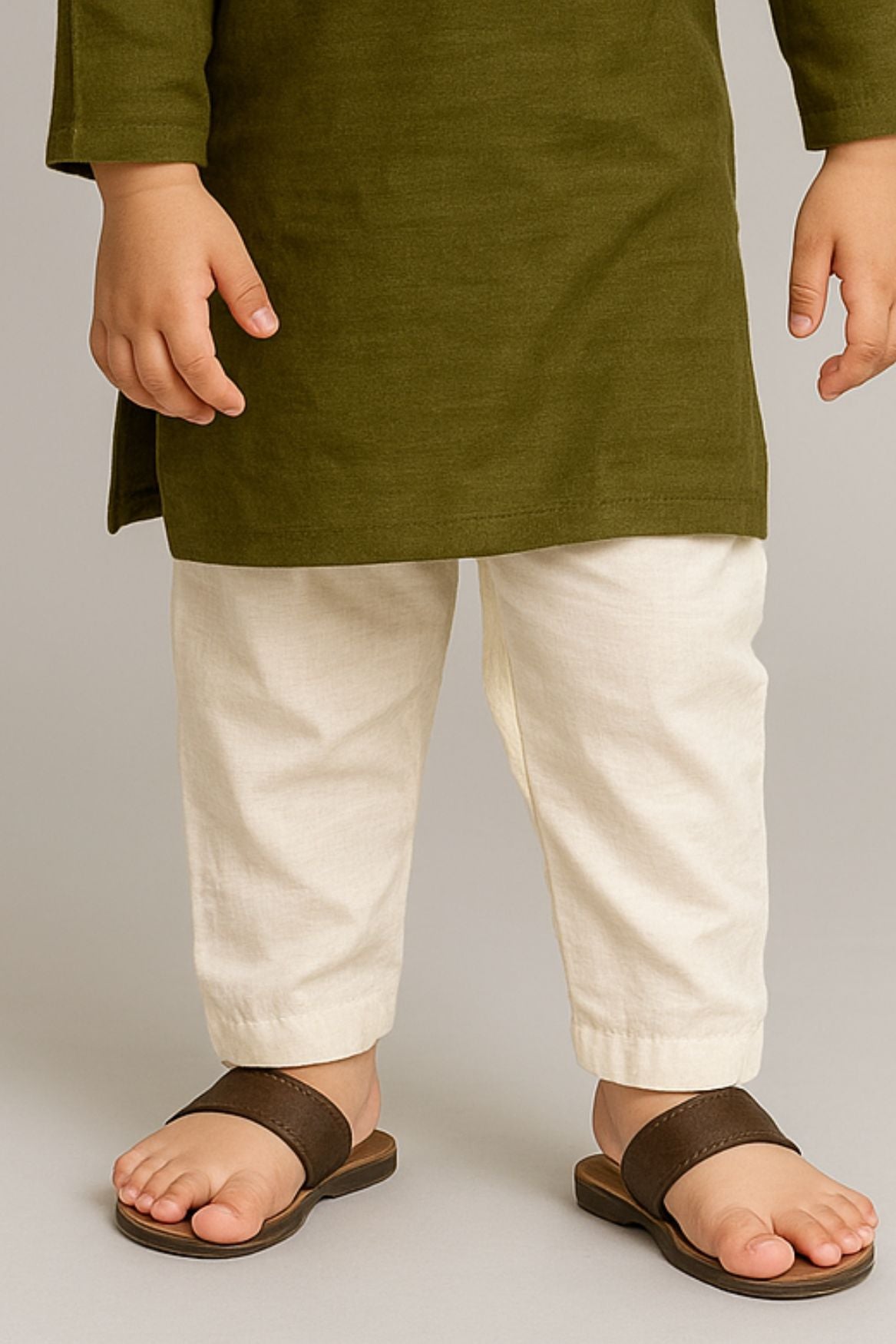 Olive Green Kurta Set With Off White Pants For Boys