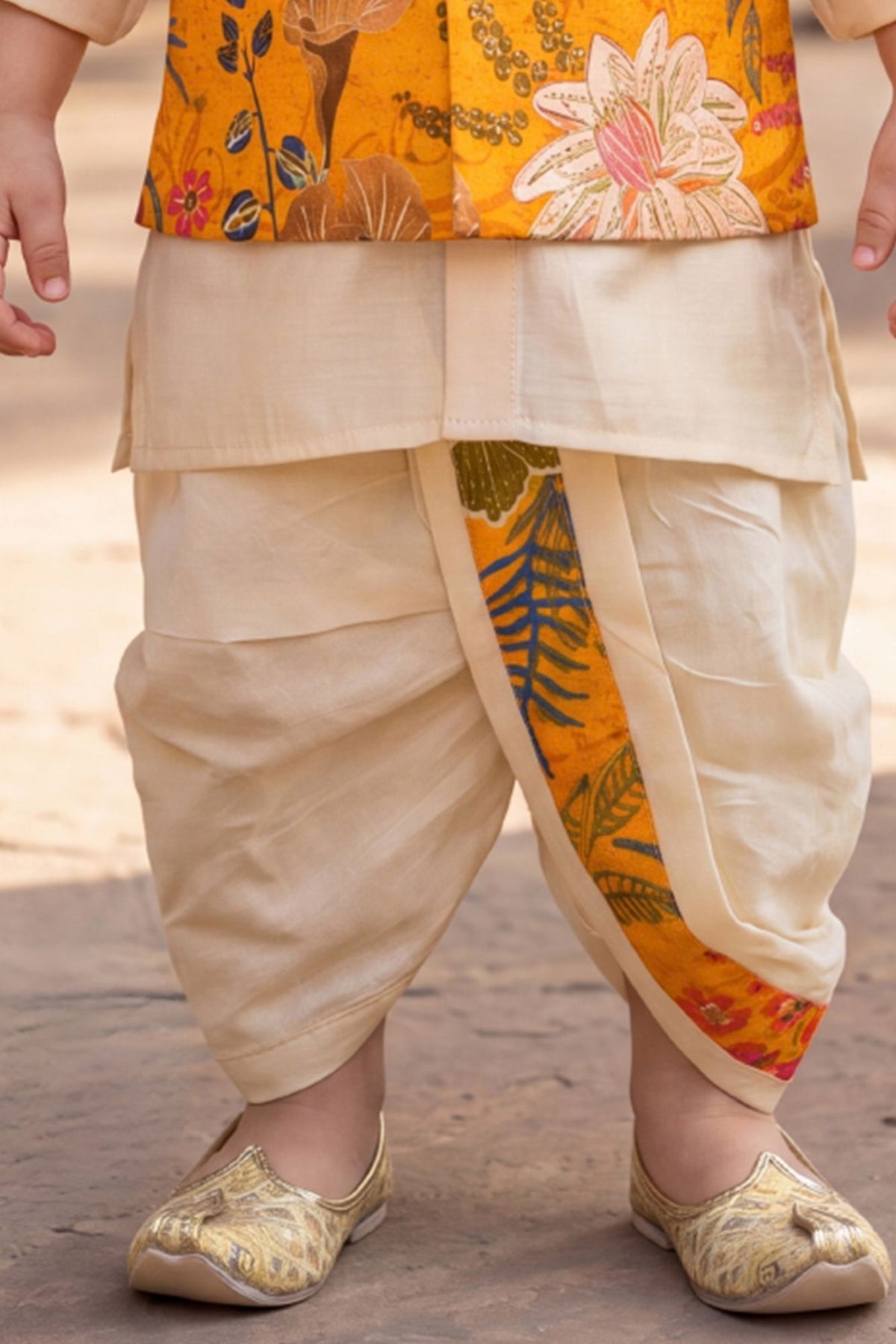 Boys Mustard Floral Printed Jacket Kurta Dhoti Set