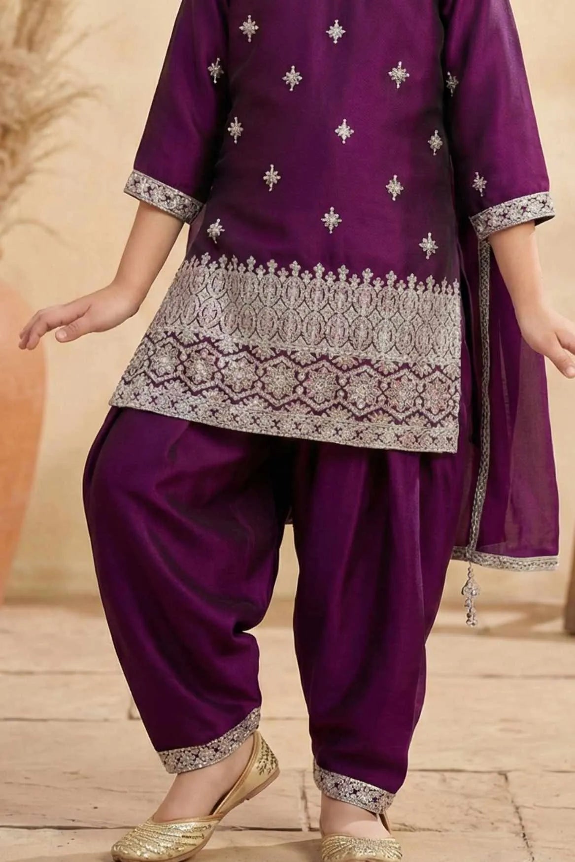 Wine  Embroidered Patiala Suit Set For Girls