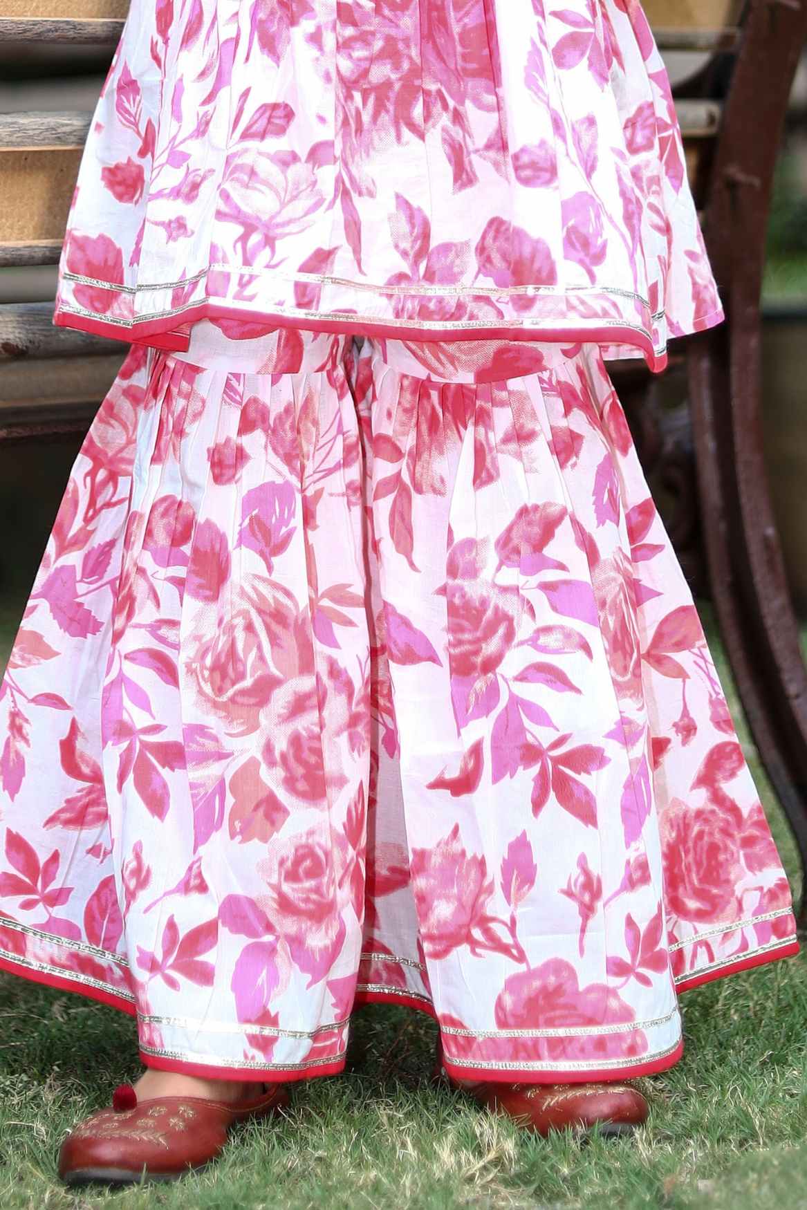 Rani Pink Floral Printed And Embroidery Cotton Sharara Set For Girls