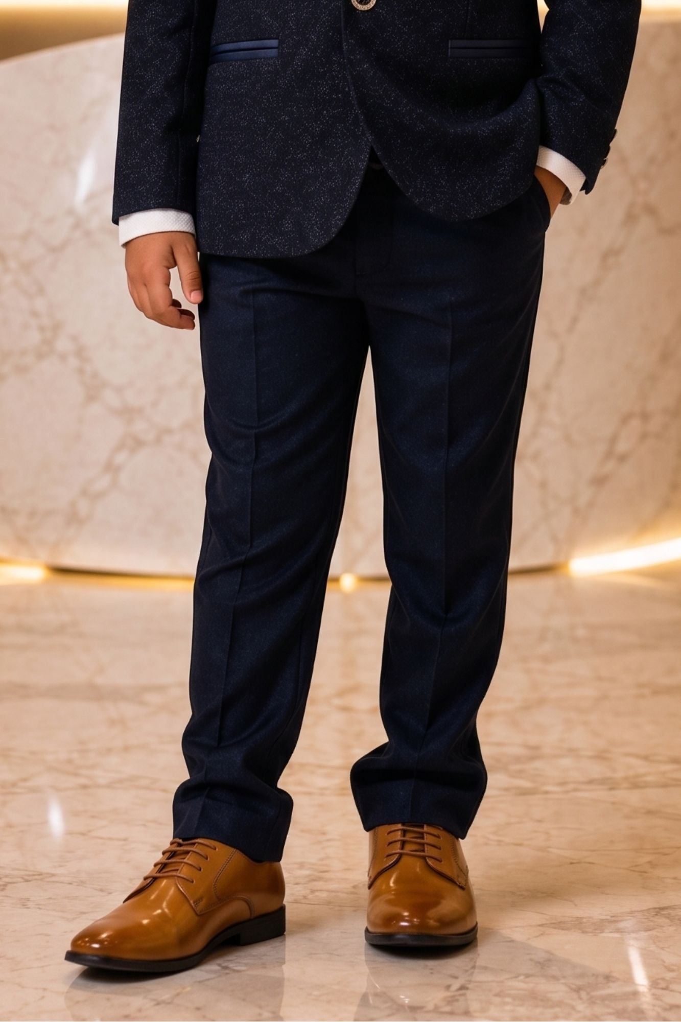 Navy Blue Textured 5 Piece Coat Suit Set with Satin Shawl Lapel and Bow Tie