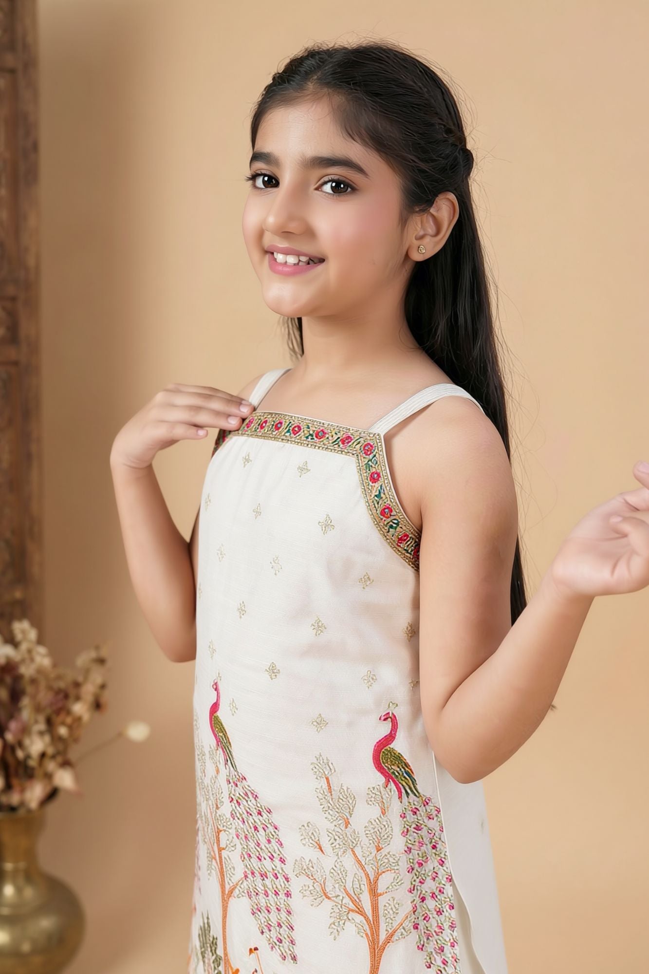 Ivory Peacock And Deer Embroidered Top And Flared Sharara Set For Girls