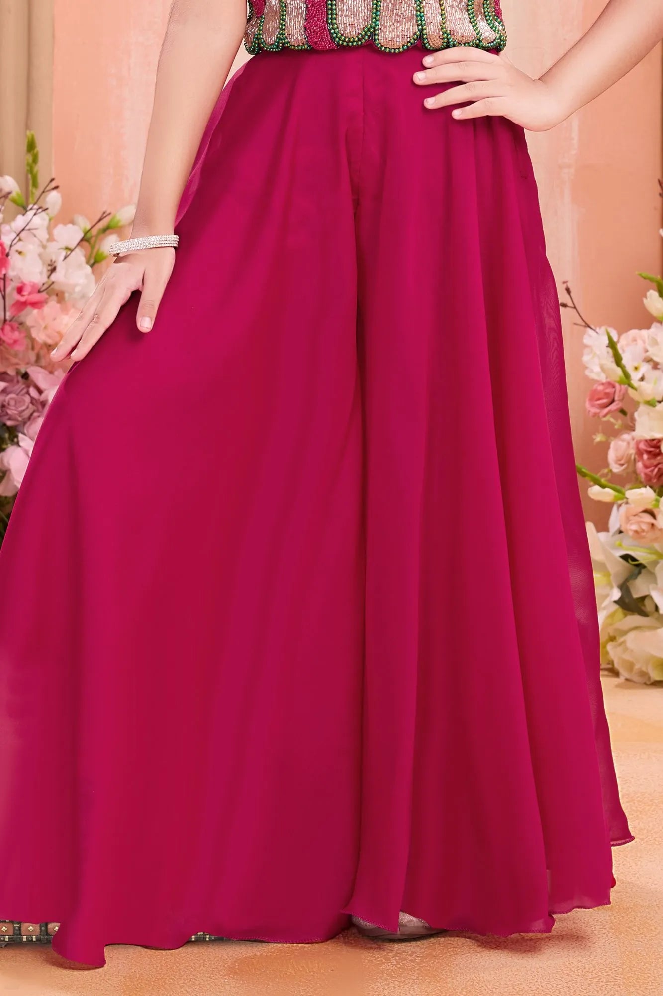 Bright Pink Bead Embroidered Palazzo Set For Girls