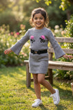 Grey Embroidered Top & Skirt Co-ord Set For Girls