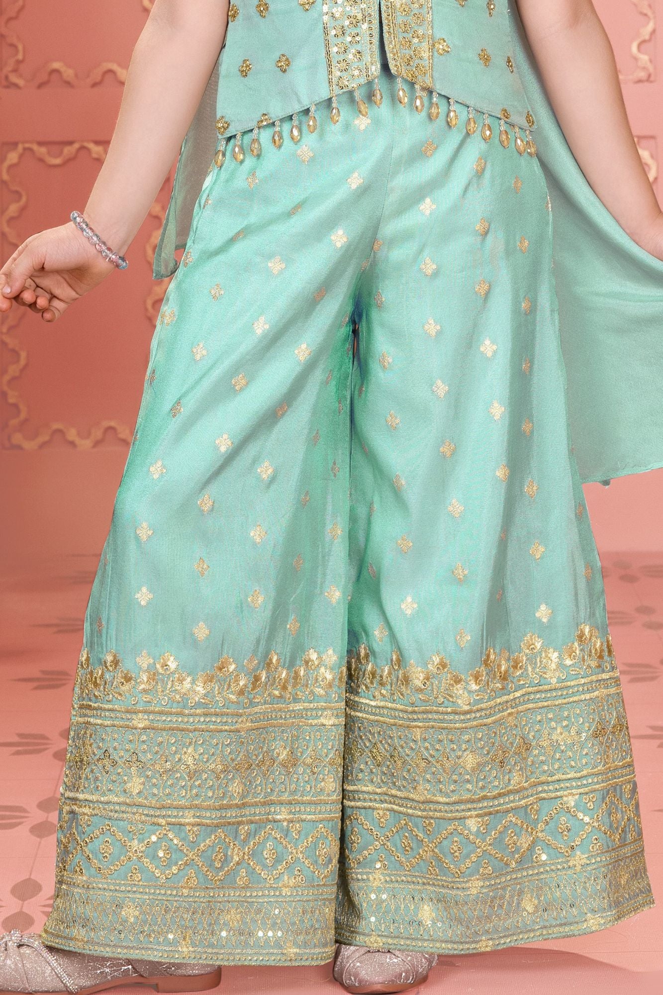 Sea Green Zari Embroidered Palazzo Set For Girls