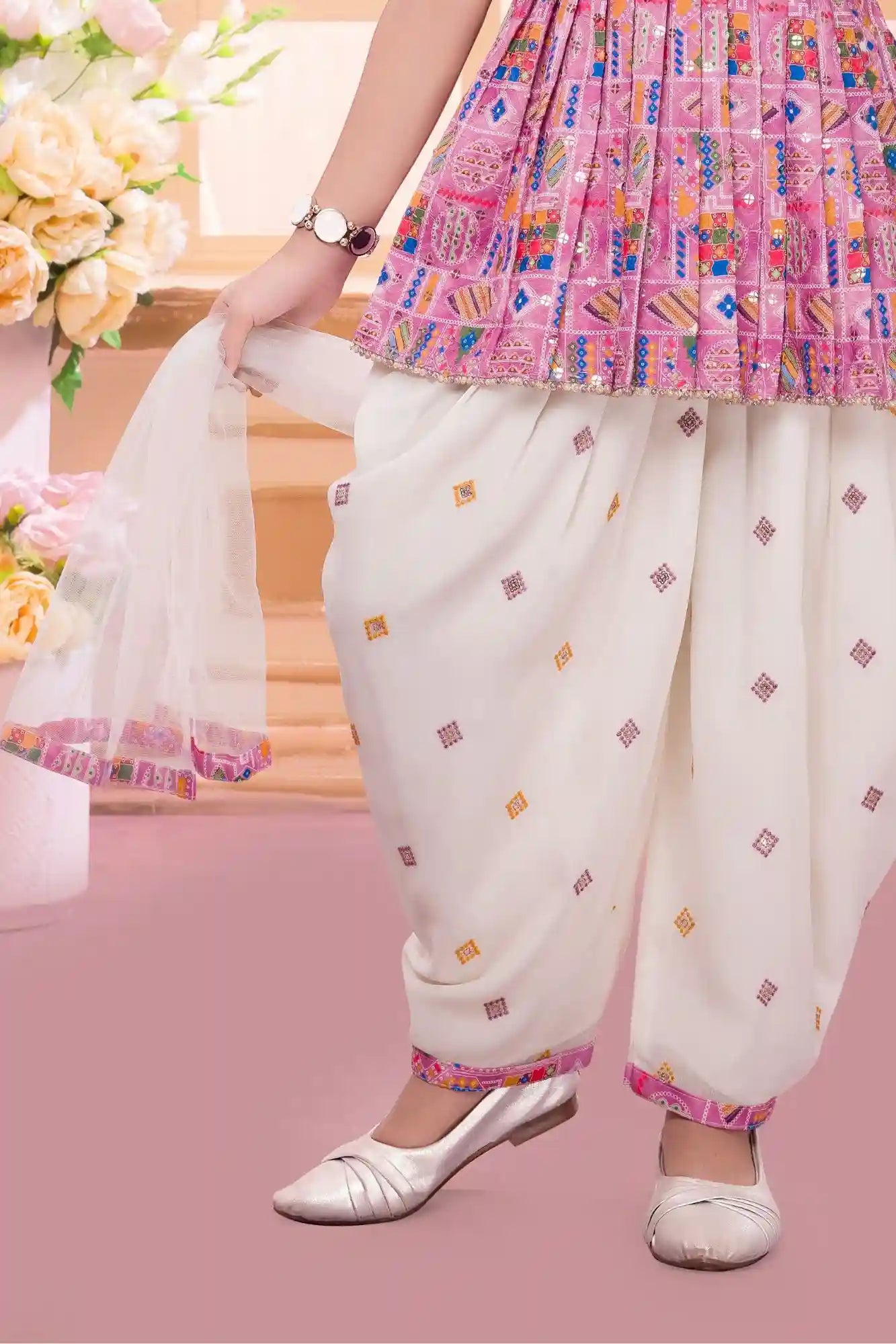Pink Embroidered Kurti with White Patiala And Dupatta For Girls