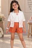 Rust Orange Top And Shorts Casual Wear Set With Floral Embroidered Overcoat For Girls