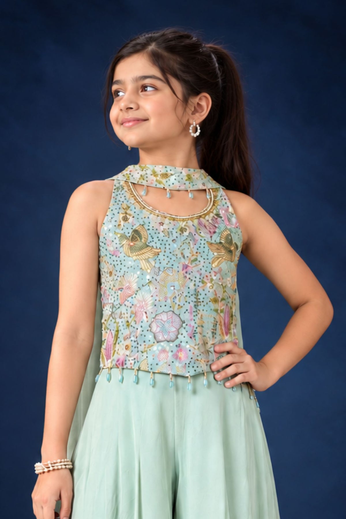 Girls Aqua Blue Sequin Embroidered Halter Neck Palazzo Set With Dupatta