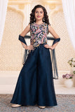 Girls Dark Blue Embroidered Asymmetric Top with Flared Palazzo And Dupatta Set