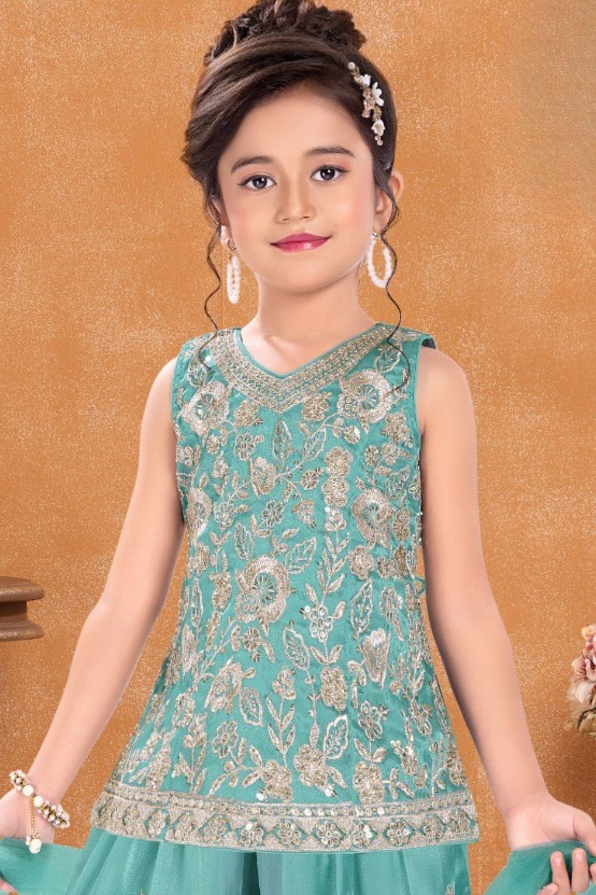 Girls Aqua Blue Silver Floral Embroidered Palazzo Set With Dupatta