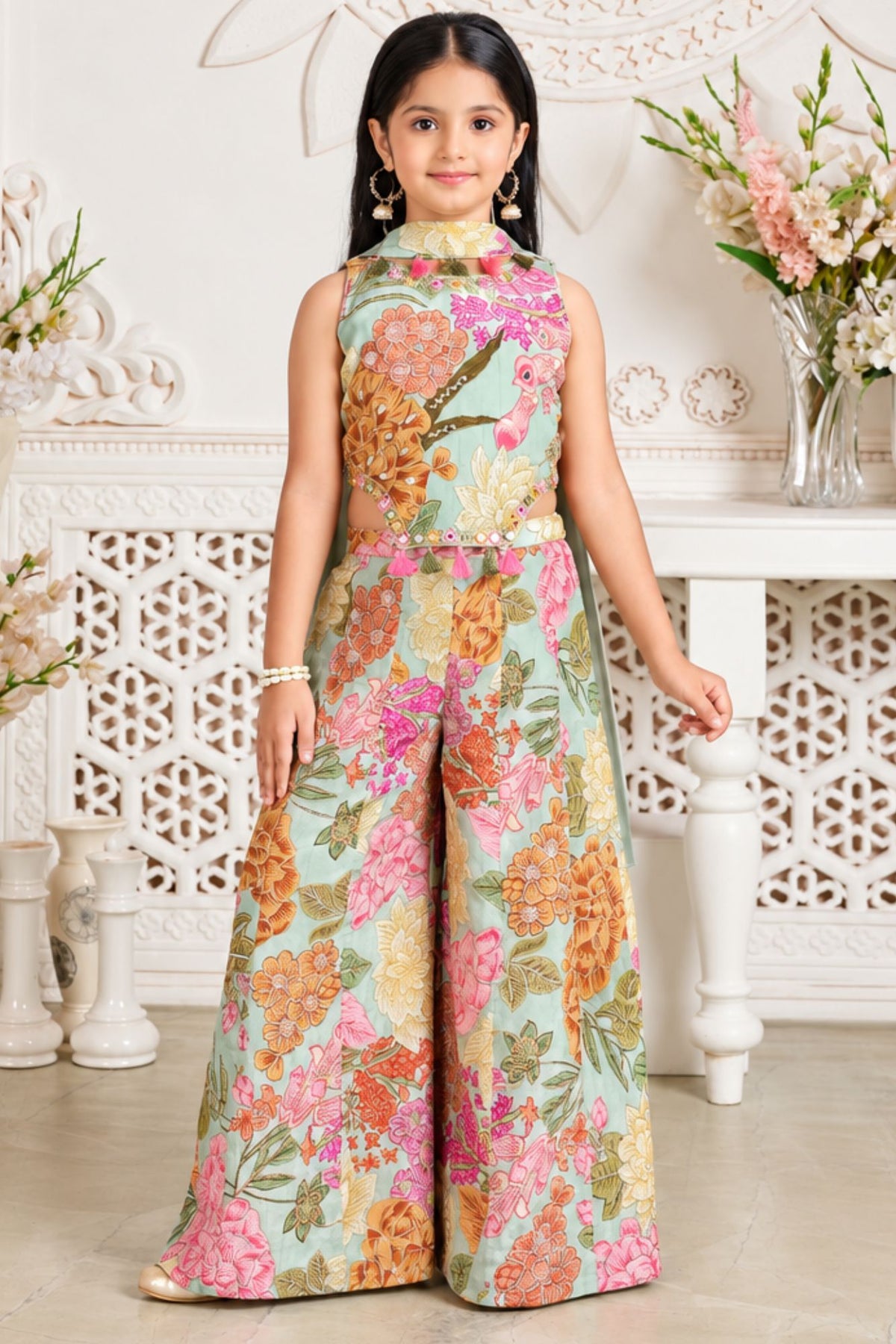 Girls Elegant Aqua Green Multicolor Floral Printed With Mirror Work Embroidered Palazzo Set