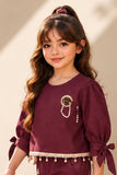 Girls Onion Pink Embellished Top With Wide Leg Co-Ord Set