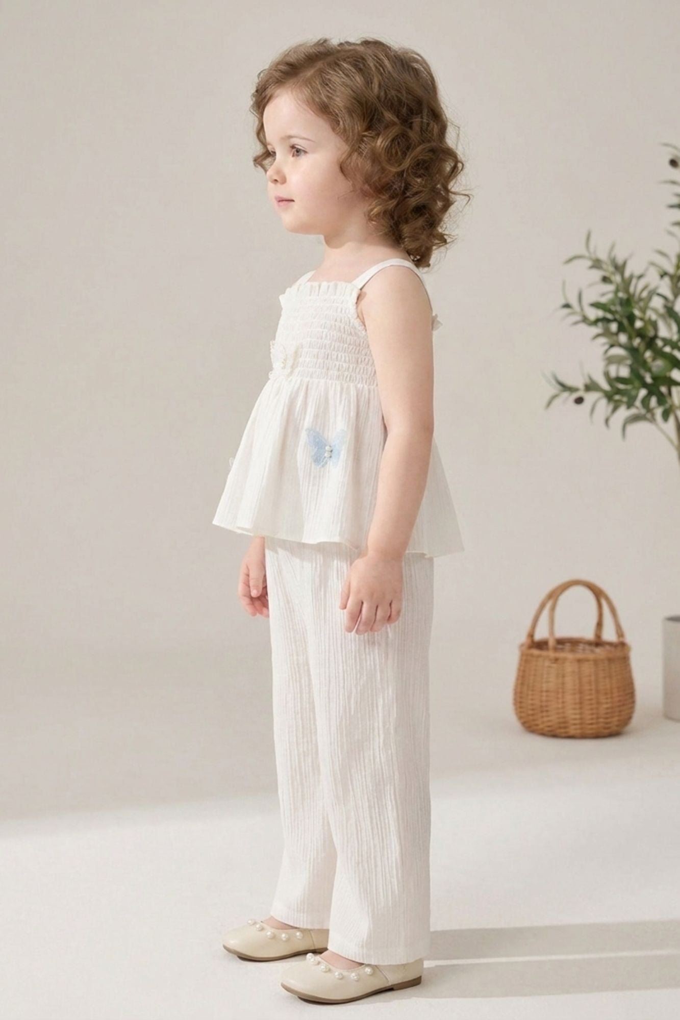 Girls White Smocked Ruffle Top with Wide-Leg Pants Co-Ord Set