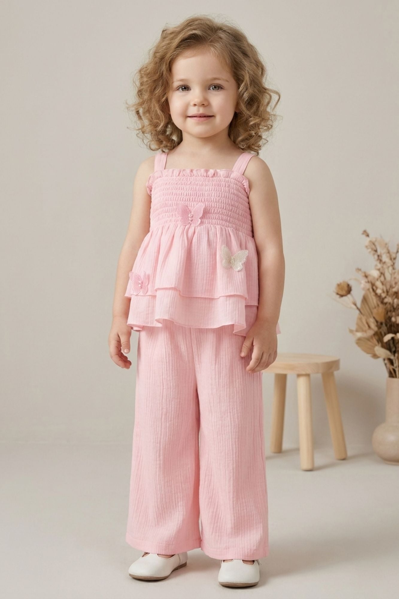 Girls Pink Smocked Ruffle Top with Wide-Leg Pants Co-Ord Set