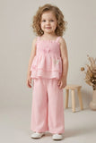 Girls Pink Smocked Ruffle Top with Wide-Leg Pants Co-Ord Set