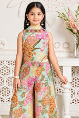 Girls Elegant Aqua Green Multicolor Floral Printed With Mirror Work Embroidered Palazzo Set