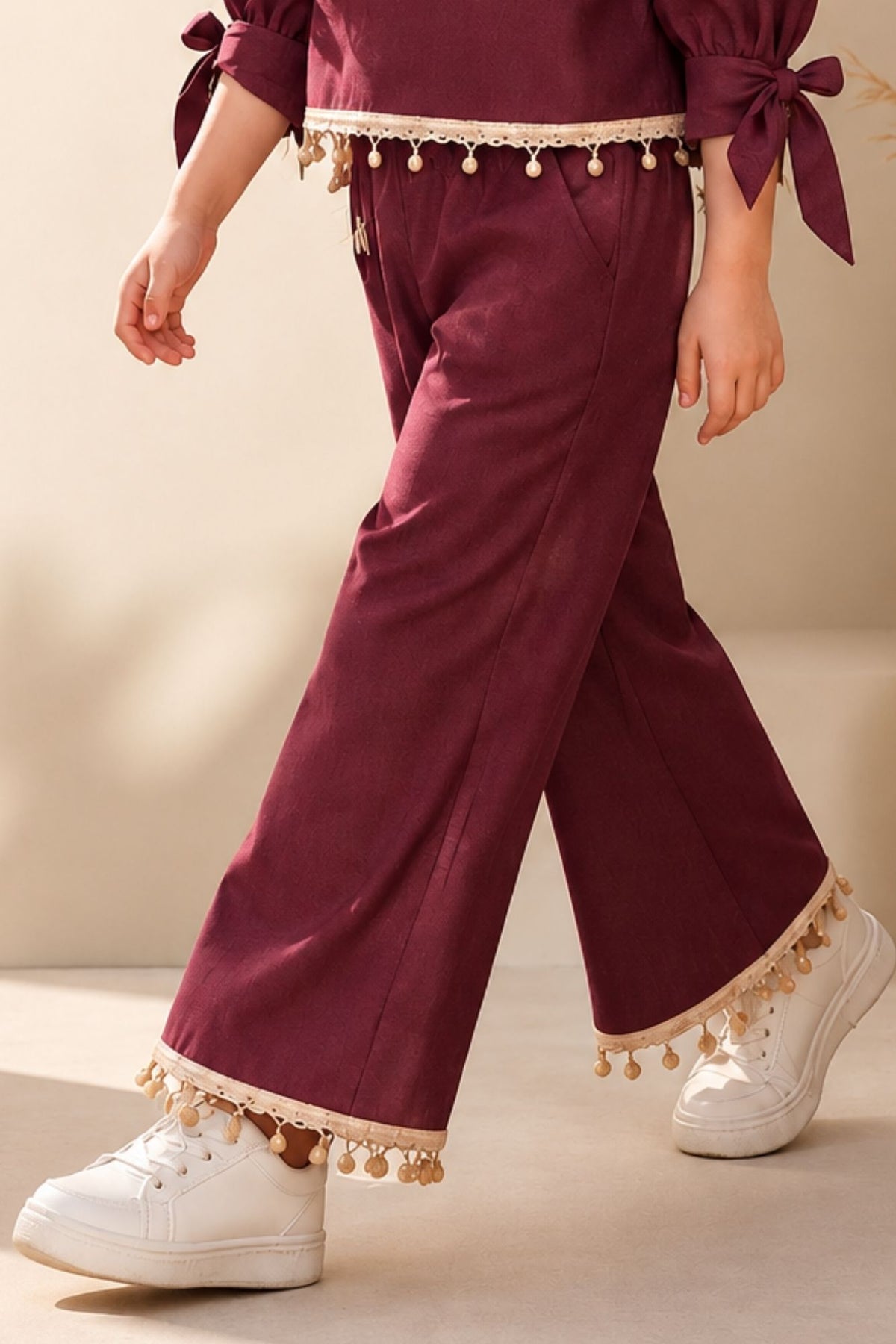Girls Onion Pink Embellished Top With Wide Leg Co-Ord Set